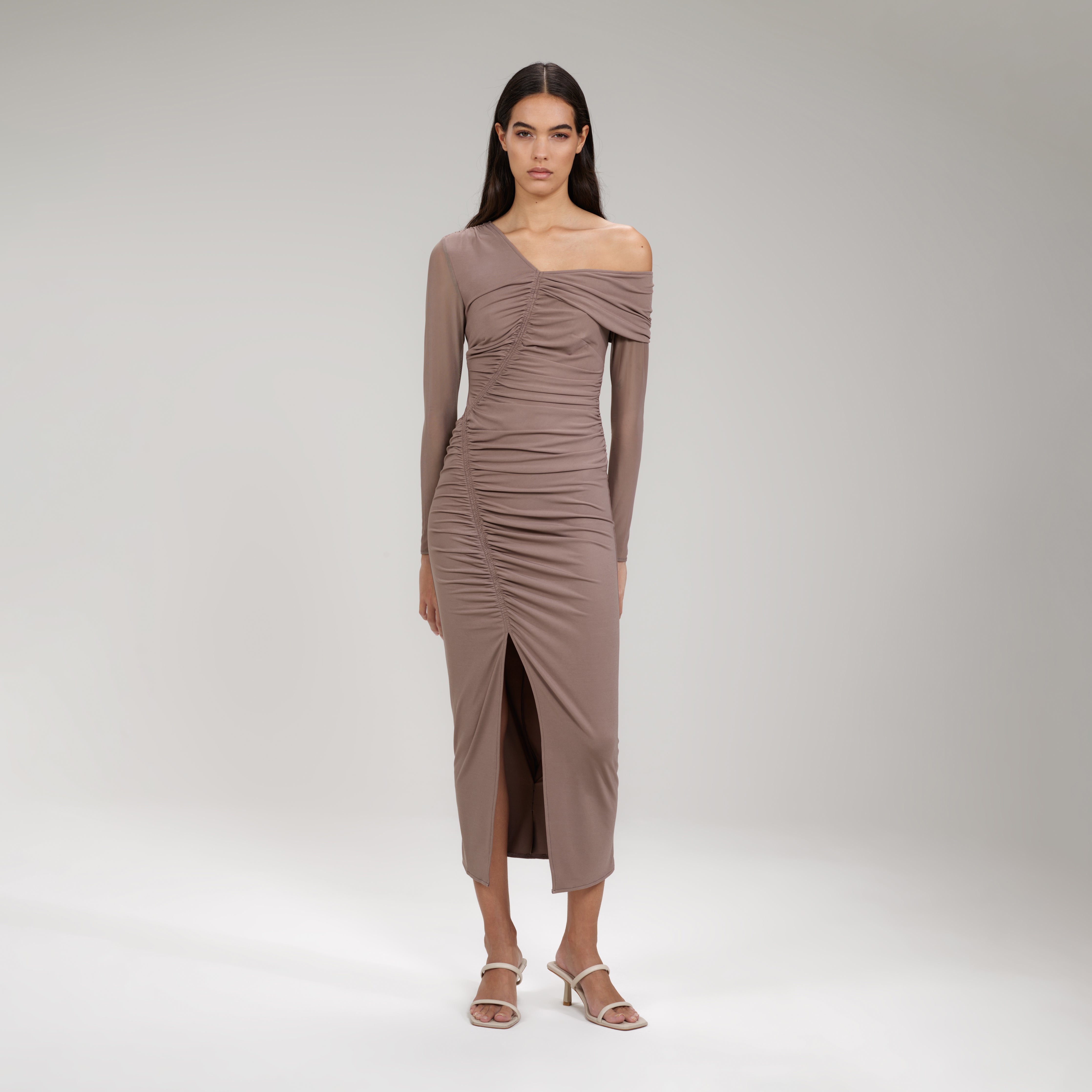 Taupe Jersey One Shoulder Ruched Midi ...